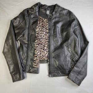 Cruel Womens Faux Leather Biker Jacket Metallic Black Leopard Lining XL